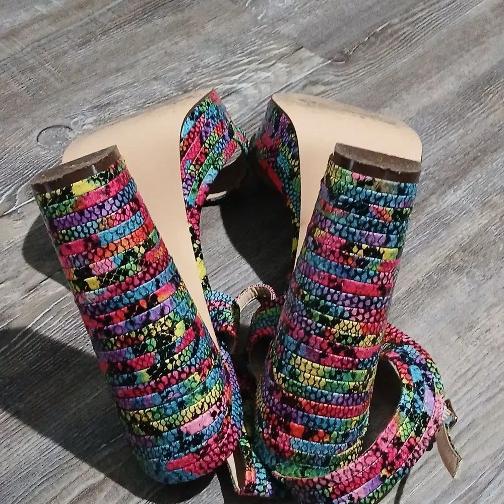 Liliana multicolor rainbow block heeled strappy shoes Sz 10 EUC